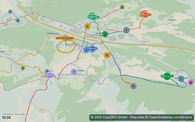 3D view: routes of eight service technicians