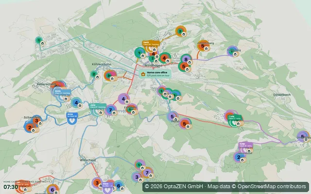 3D view of the plan “Home care, tours and continuity of care” (Workforce scheduling)