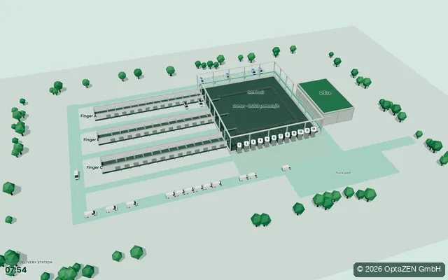 3D view of the plan “Parcel hub dock scheduling: doors, trucks and crews” (Workforce scheduling)
